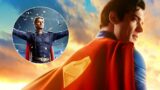 Superman e il cosplay di un fan vestito da patriota di the boys al cinema