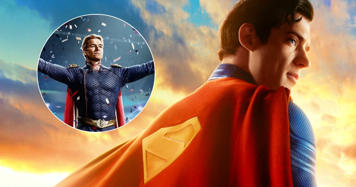 Superman e il cosplay di un fan vestito da patriota di the boys al cinema Superman e il cosplay di un fan vestito da patriota di the boys al cinema